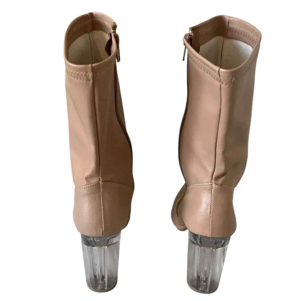Mona Women Nude Pointed Boots Lucite Clear Block Heel Size MX 6 US 9‎ NWOB